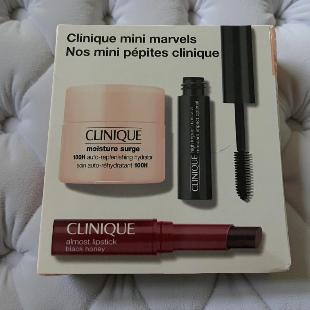 Clinique mini marvels makeup lipstick mascara moisture surge lotion set of 3